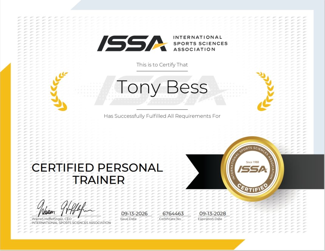 Tony Bess ISSA Certified Personal Trainer certificate